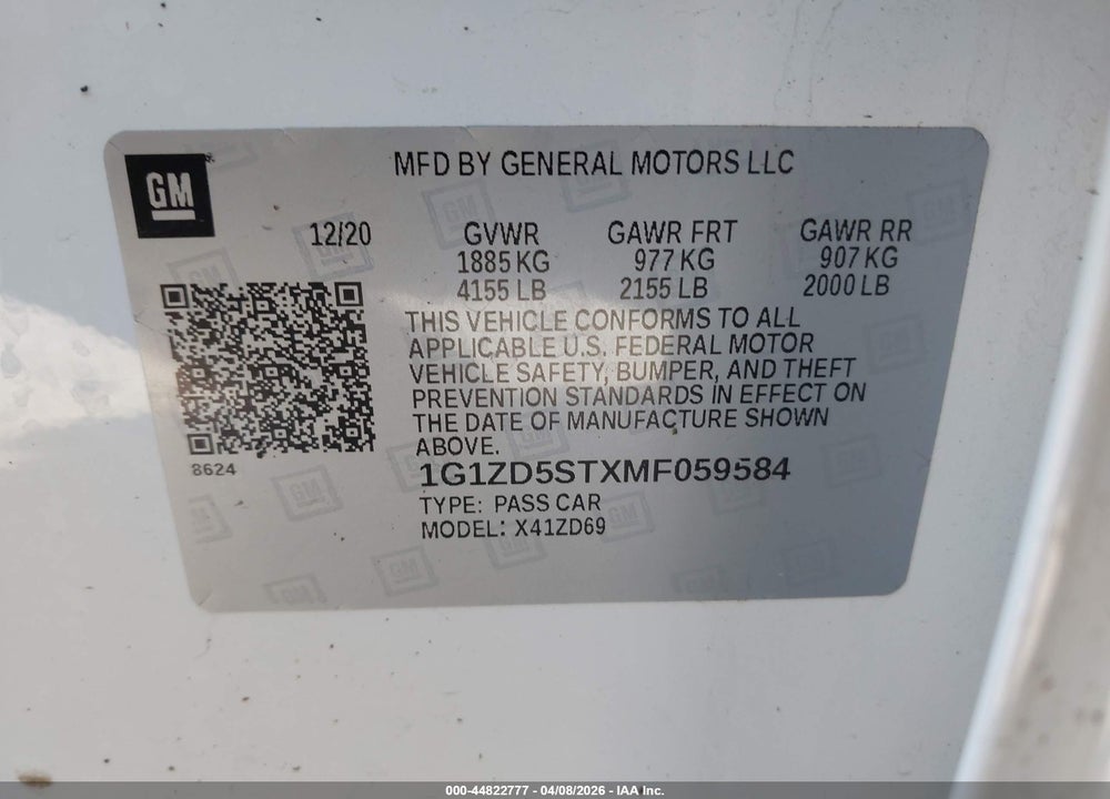 2021 CHEVROLET MALIBU FWD LT VIN: 1G1ZD5STXMF059584