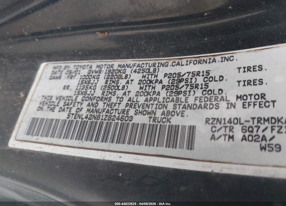 2001 TOYOTA TACOMA VIN: 5TENL42N81Z824603