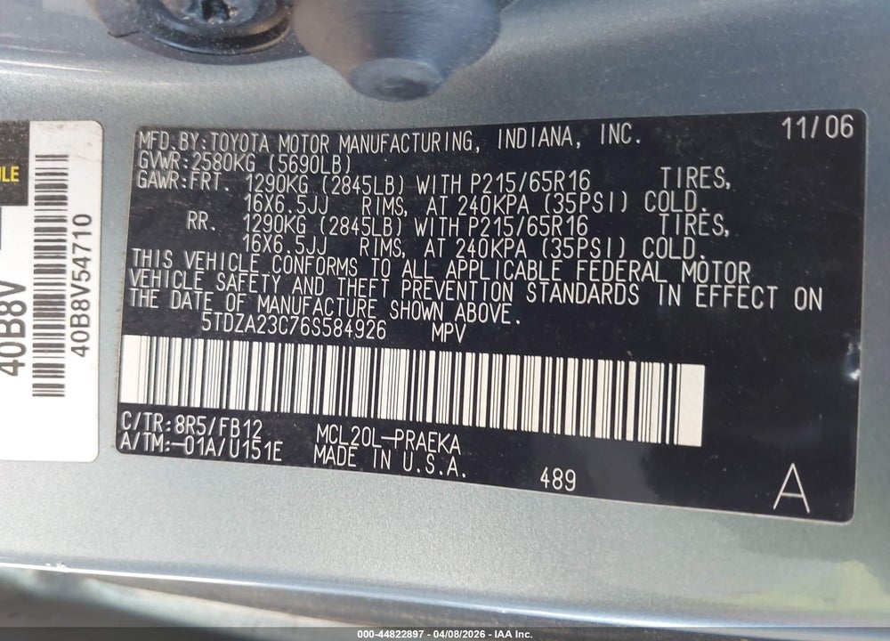2006 TOYOTA SIENNA CE VIN: 5TDZA23C76S584926
