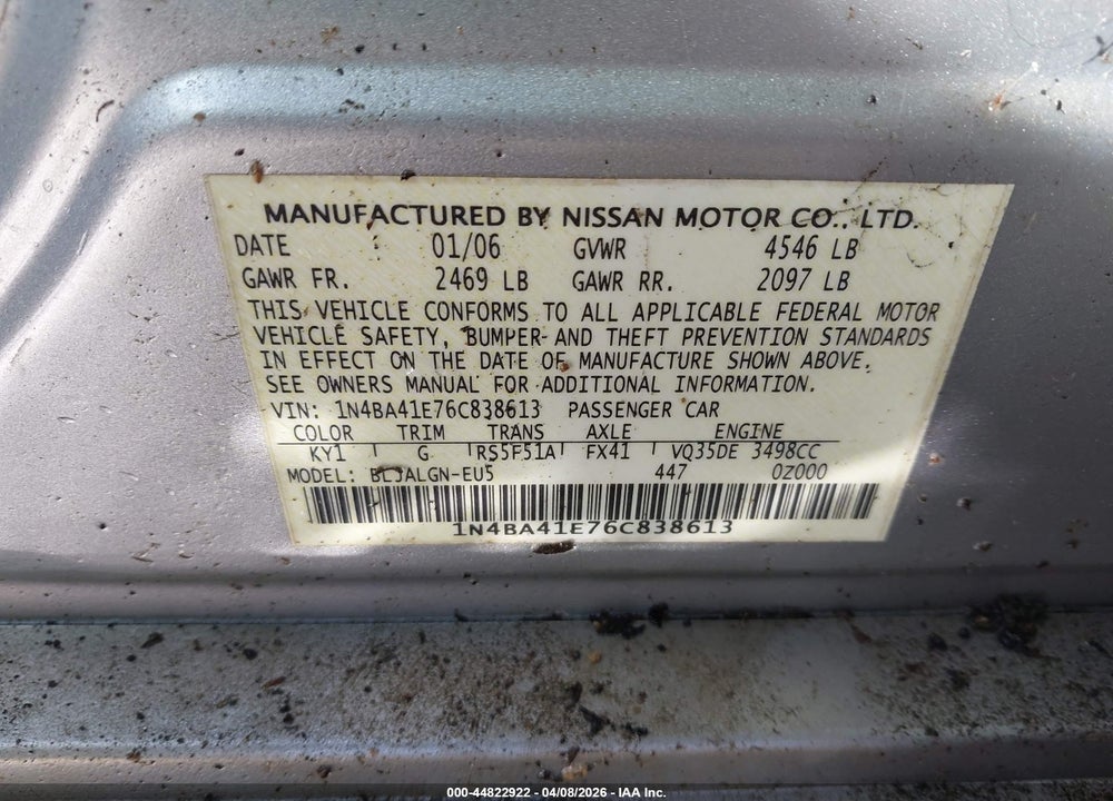2006 NISSAN MAXIMA 3.5 SL VIN: 1N4BA41E76C838613