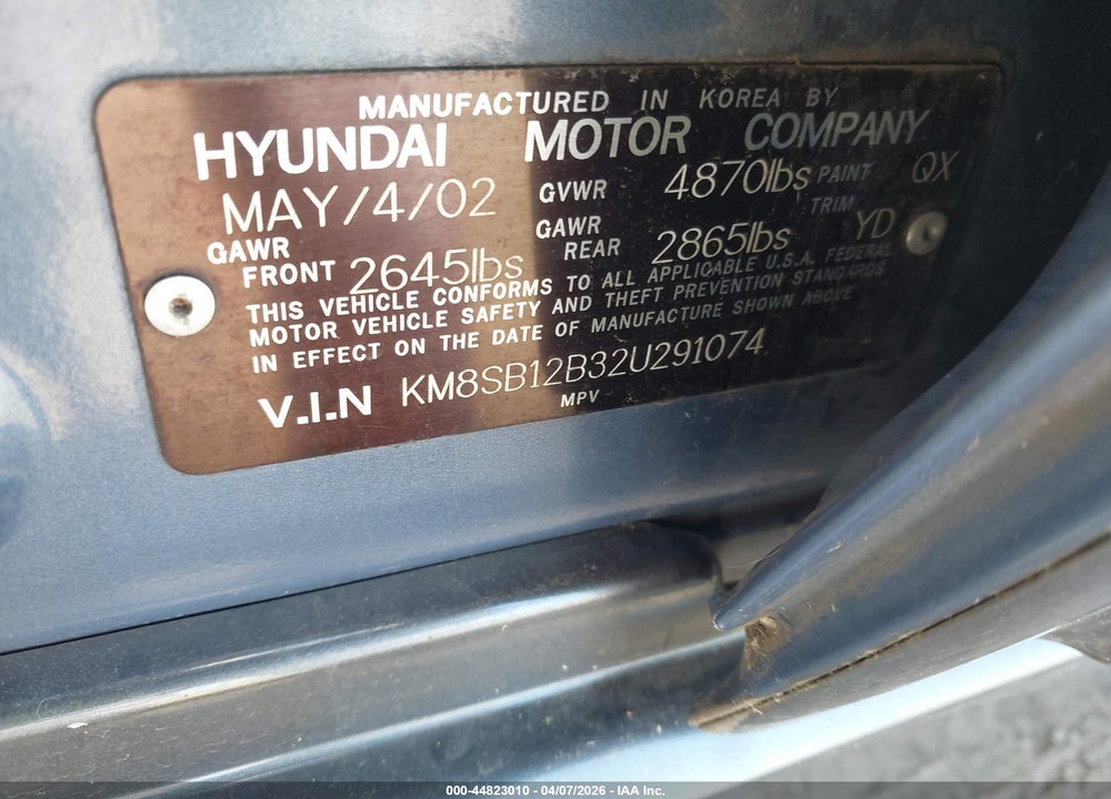 2002 HYUNDAI SANTA FE VIN: KM8SB12B32U291074