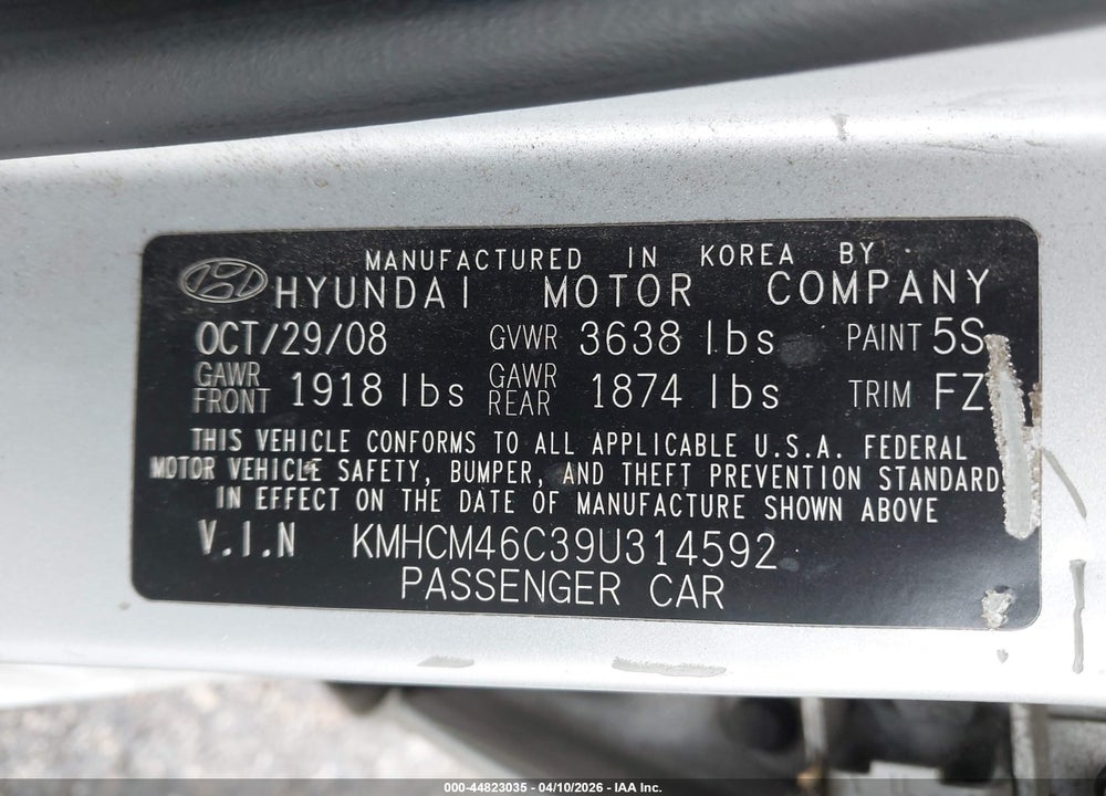 2009 HYUNDAI ACCENT GLS VIN: KMHCM46C39U314592