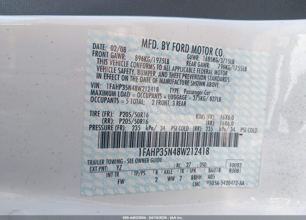 2008 FORD FOCUS SE/SES VIN: 1FAHP35N48W212418