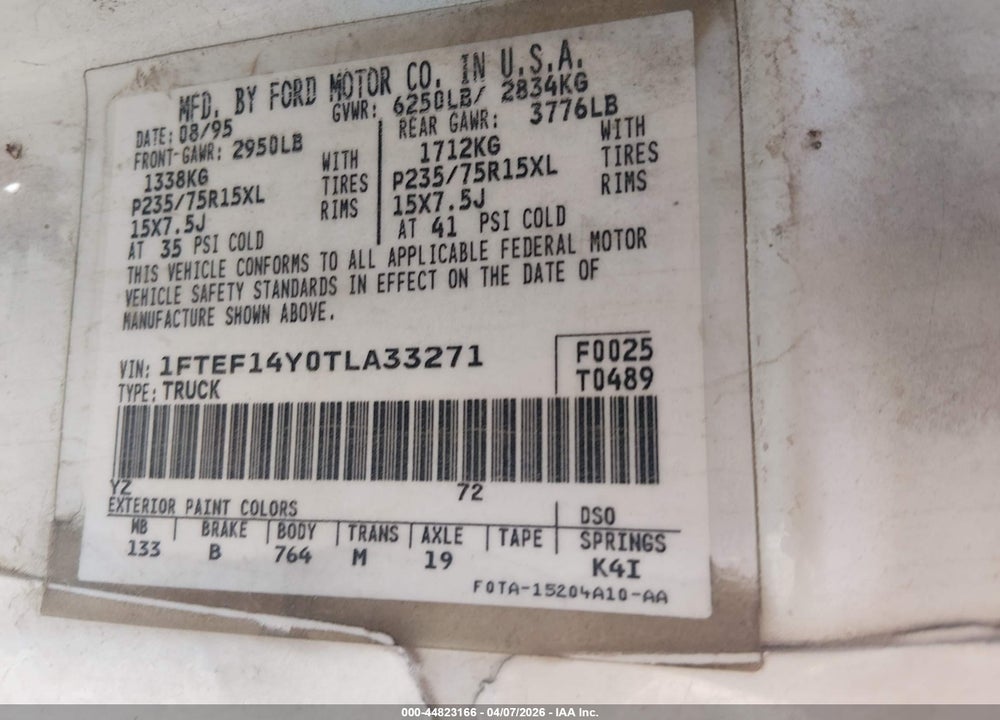 1996 FORD F150 VIN: 1FTEF14Y0TLA33271
