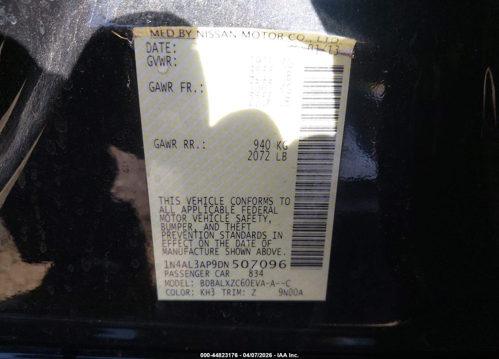 2013 NISSAN ALTIMA 2.5 SL VIN: 1N4AL3AP9DN507096