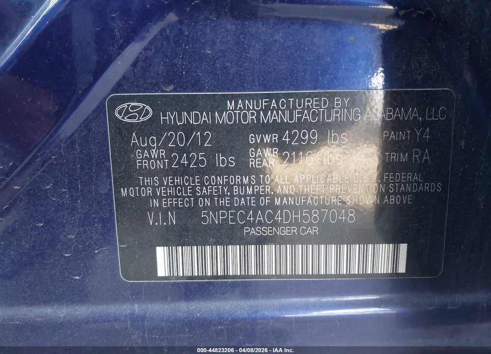 2013 HYUNDAI SONATA LIMITED VIN: 5NPEC4AC4DH587048