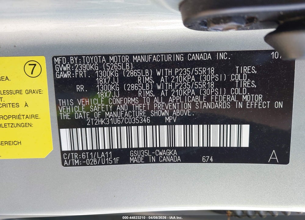 2007 LEXUS RX 350 VIN: 2T2HK31U67C035346