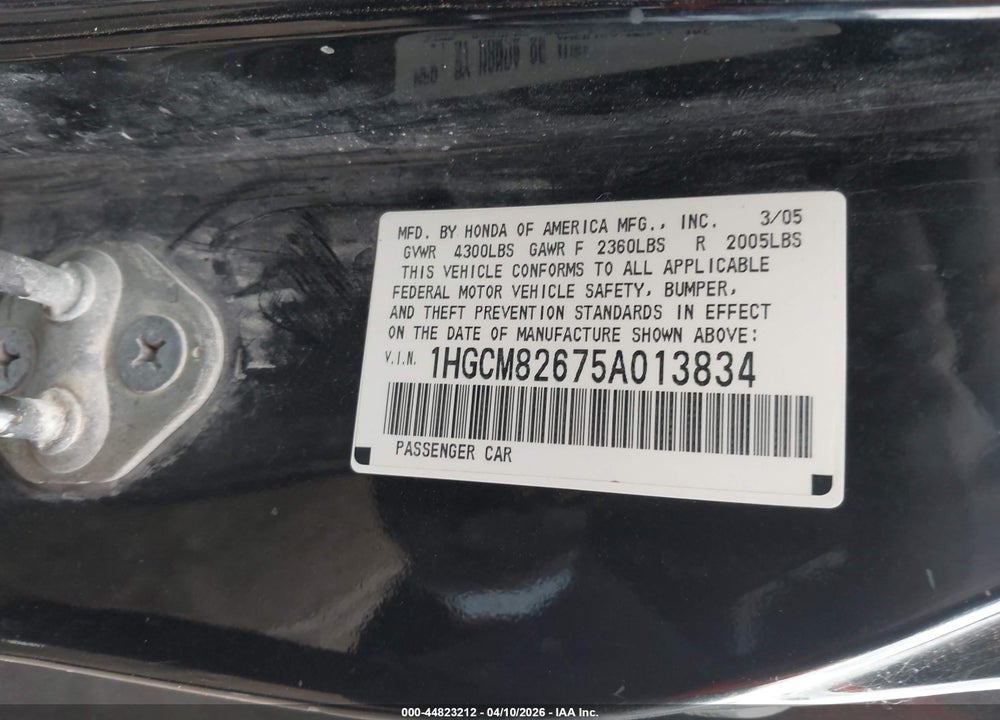 2005 HONDA ACCORD CPE EX-L V6 VIN: 1HGCM82675A013834