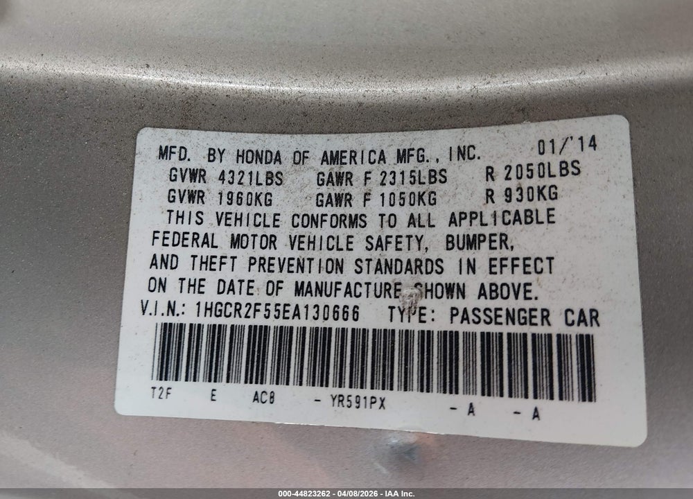 2014 HONDA ACCORD SPORT VIN: 1HGCR2F55EA130666