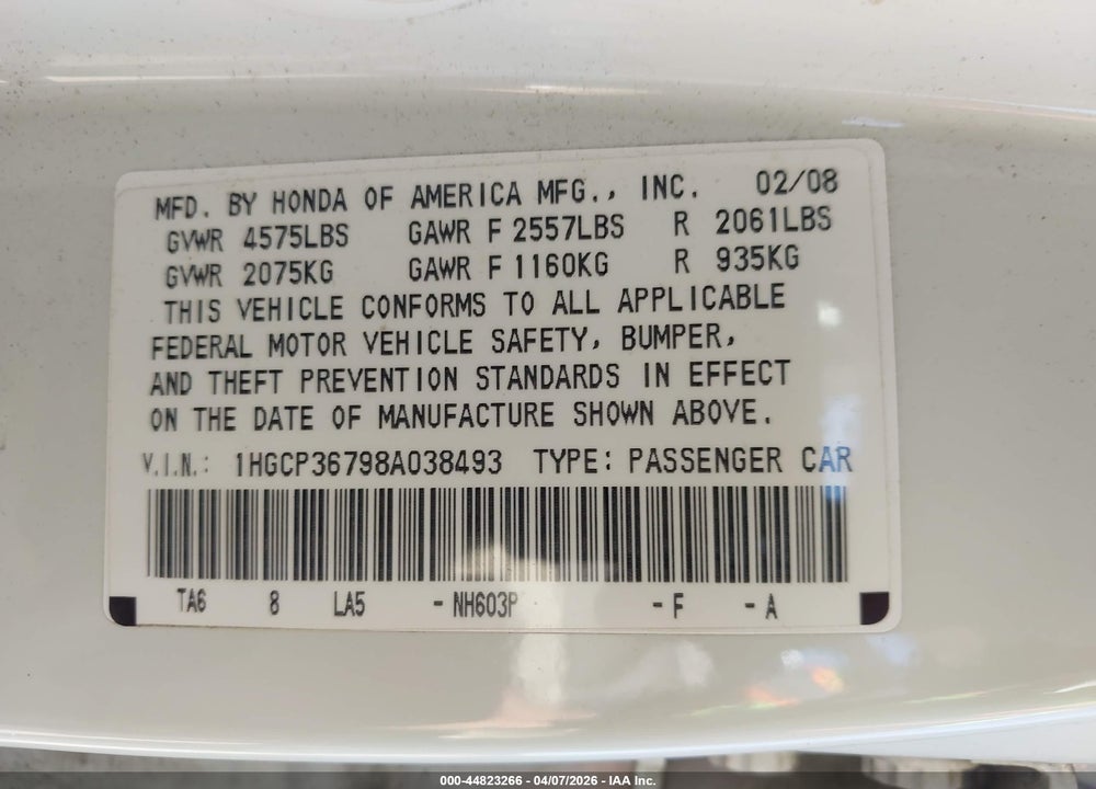 2008 HONDA ACCORD 3.5 EX VIN: 1HGCP36798A038493