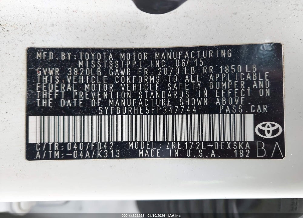 2015 TOYOTA COROLLA S PLUS VIN: 5YFBURHE5FP347744