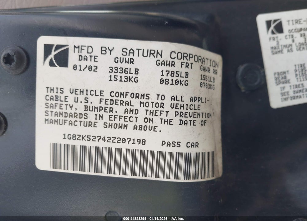 2002 SATURN S-SERIES SL2 VIN: 1G8ZK52742Z207198