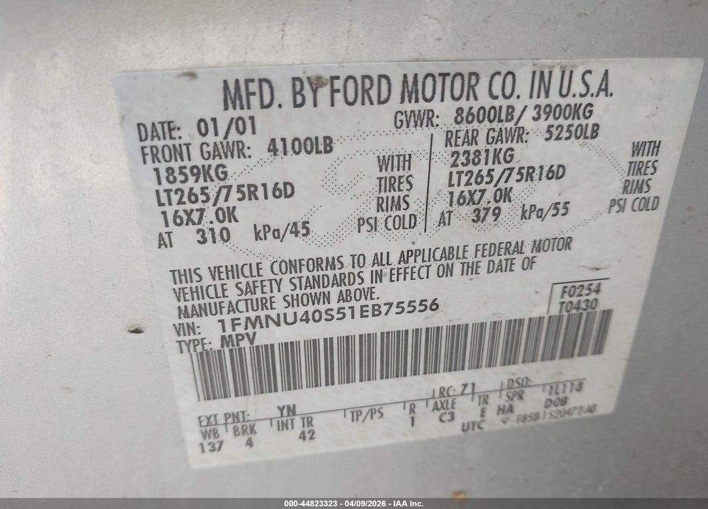 2001 FORD EXCURSION XLT VIN: 1FMNU40S51EB75556
