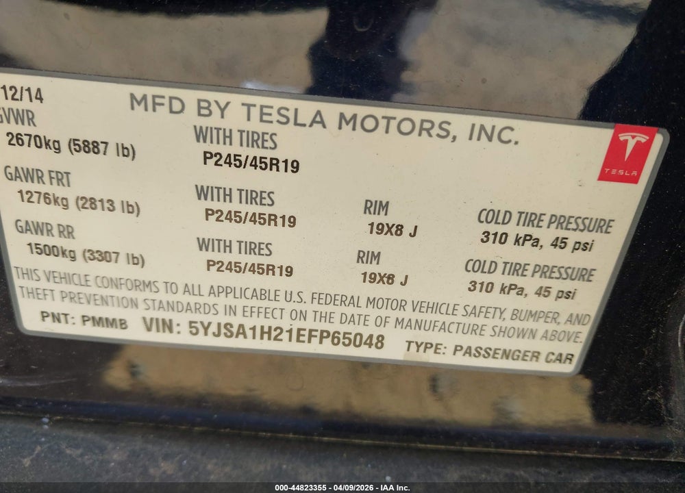 2014 TESLA MODEL S P85D VIN: 5YJSA1H21EFP65048