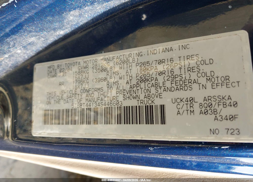 2004 TOYOTA TUNDRA SR5 V8 VIN: 5TBBT44134S446603
