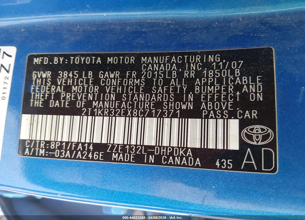 2008 TOYOTA MATRIX VIN: 2T1KR32EX8C717371