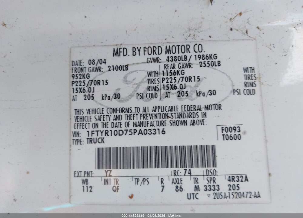 2005 FORD RANGER XL/XLS/XLT VIN: 1FTYR10D75PA03316