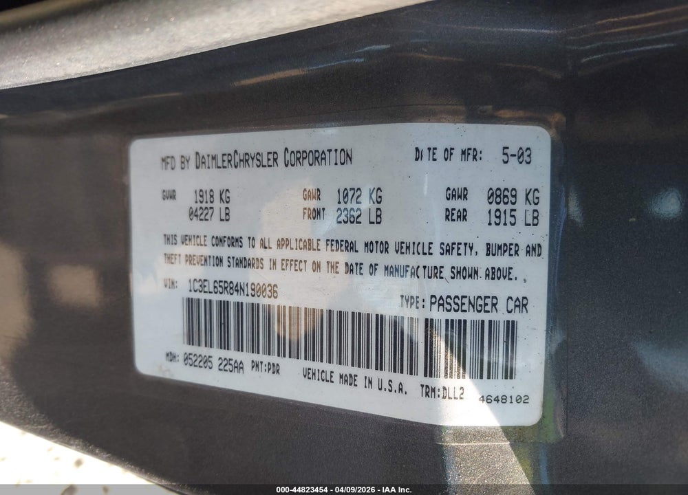 2004 CHRYSLER SEBRING LIMITED VIN: 1C3EL65R84N190036