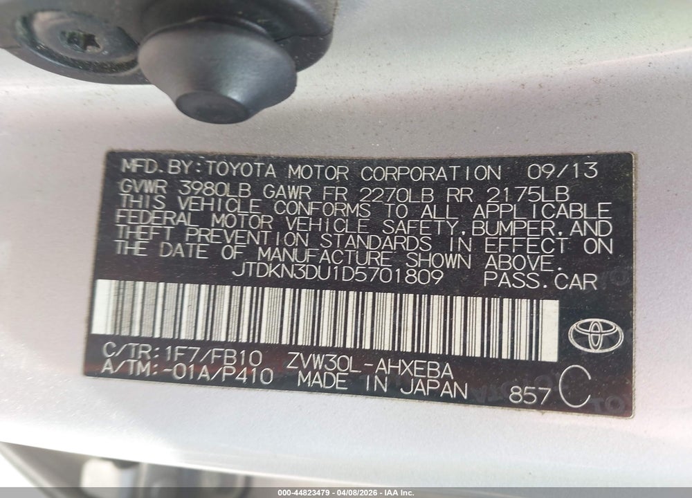 2013 TOYOTA PRIUS TWO VIN: JTDKN3DU1D5701809