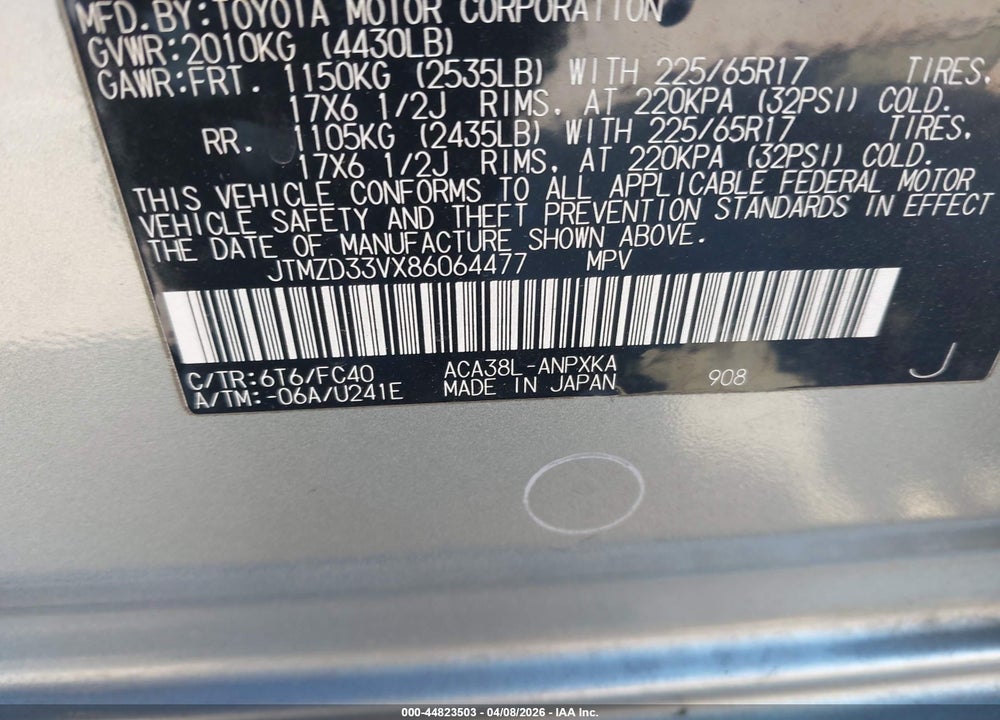 2008 TOYOTA RAV4 VIN: JTMZD33VX86064477