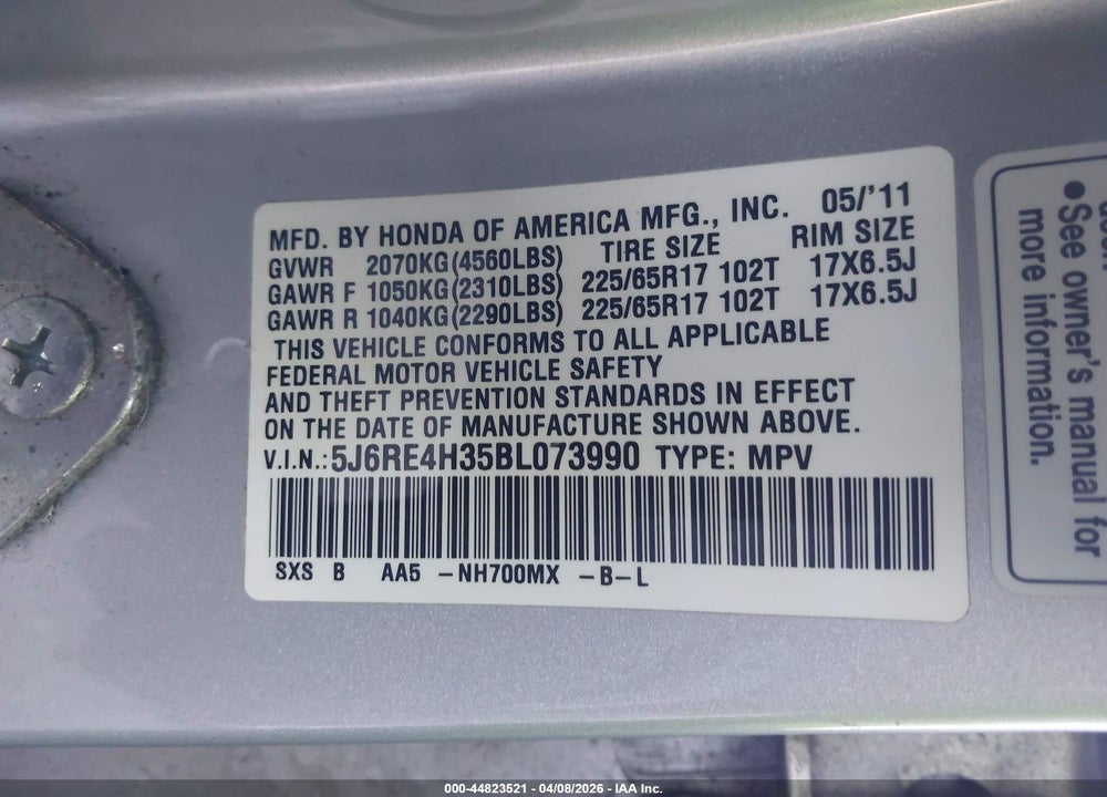 2011 HONDA CR-V LX VIN: 5J6RE4H35BL073990