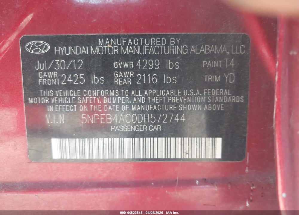 2013 HYUNDAI SONATA GLS VIN: 5NPEB4AC0DH572744