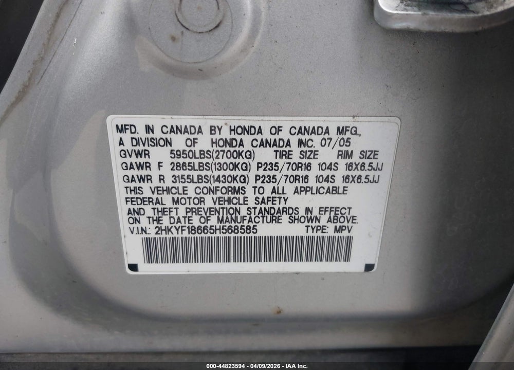 2005 HONDA PILOT EX-L VIN: 2HKYF18665H568585