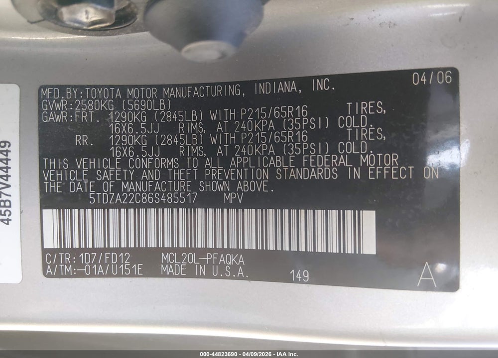 2006 TOYOTA SIENNA XLE VIN: 5TDZA22C86S485517