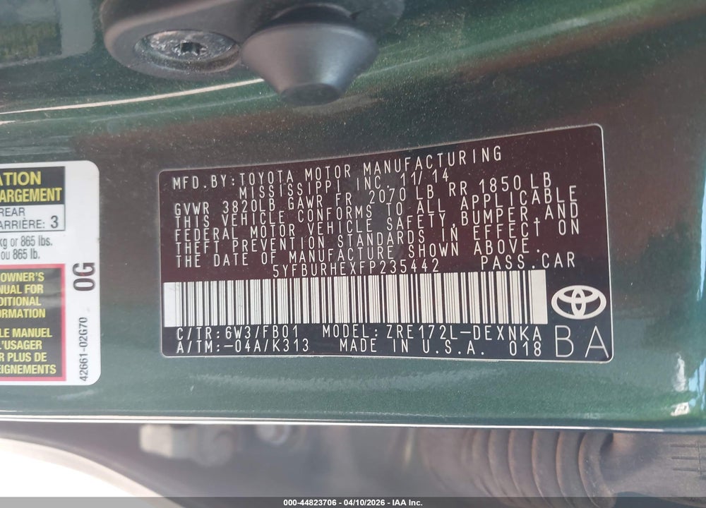 2015 TOYOTA COROLLA LE VIN: 5YFBURHEXFP235442