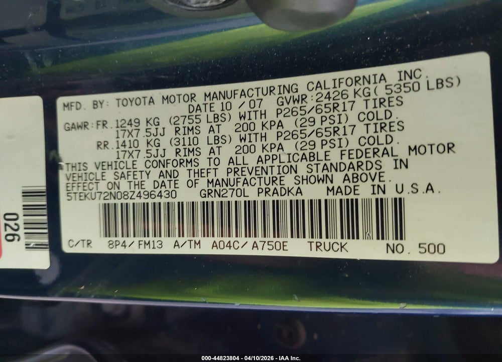 2008 TOYOTA TACOMA PRERUNNER V6 VIN: 5TEKU72N08Z496430