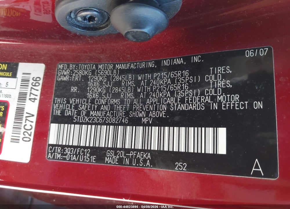 2007 TOYOTA SIENNA LE VIN: 5TDZK23C67S082746