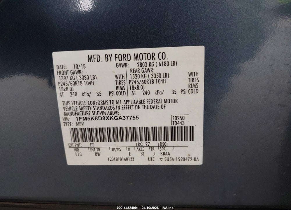 2019 FORD EXPLORER XLT VIN: 1FM5K8D8XKGA37755
