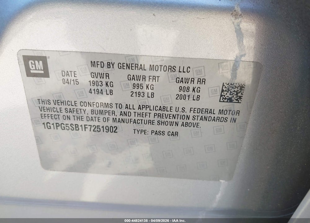 2015 CHEVROLET CRUZE LTZ VIN: 1G1PG5SB1F7251902