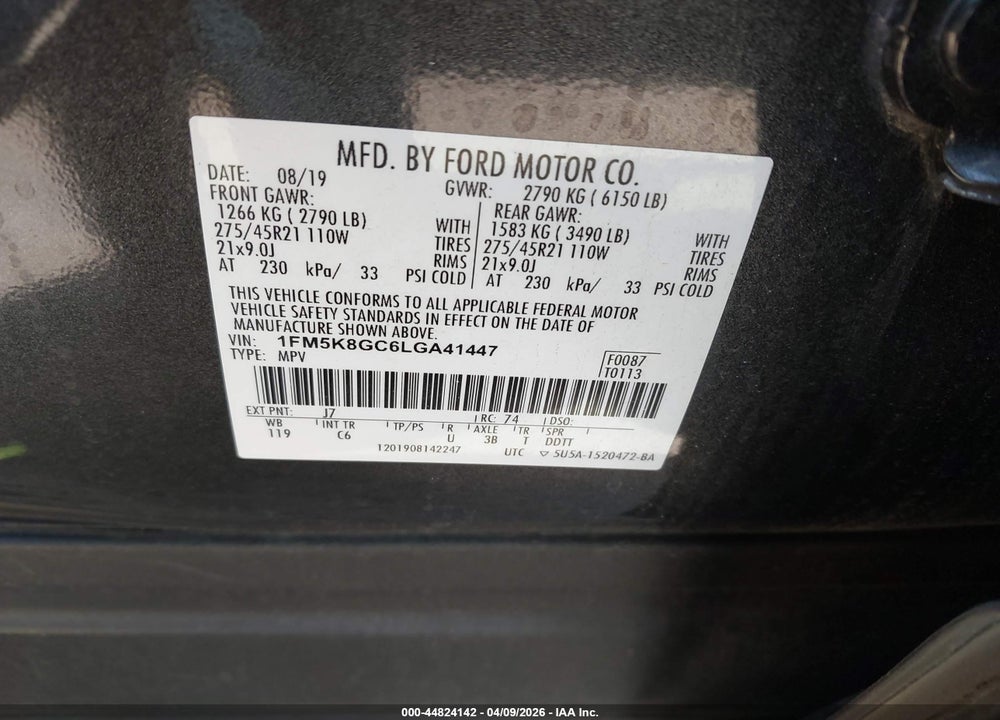2020 FORD EXPLORER ST VIN: 1FM5K8GC6LGA41447