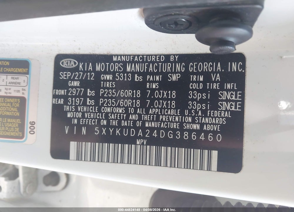 2013 KIA SORENTO EX V6 VIN: 5XYKUDA24DG386460