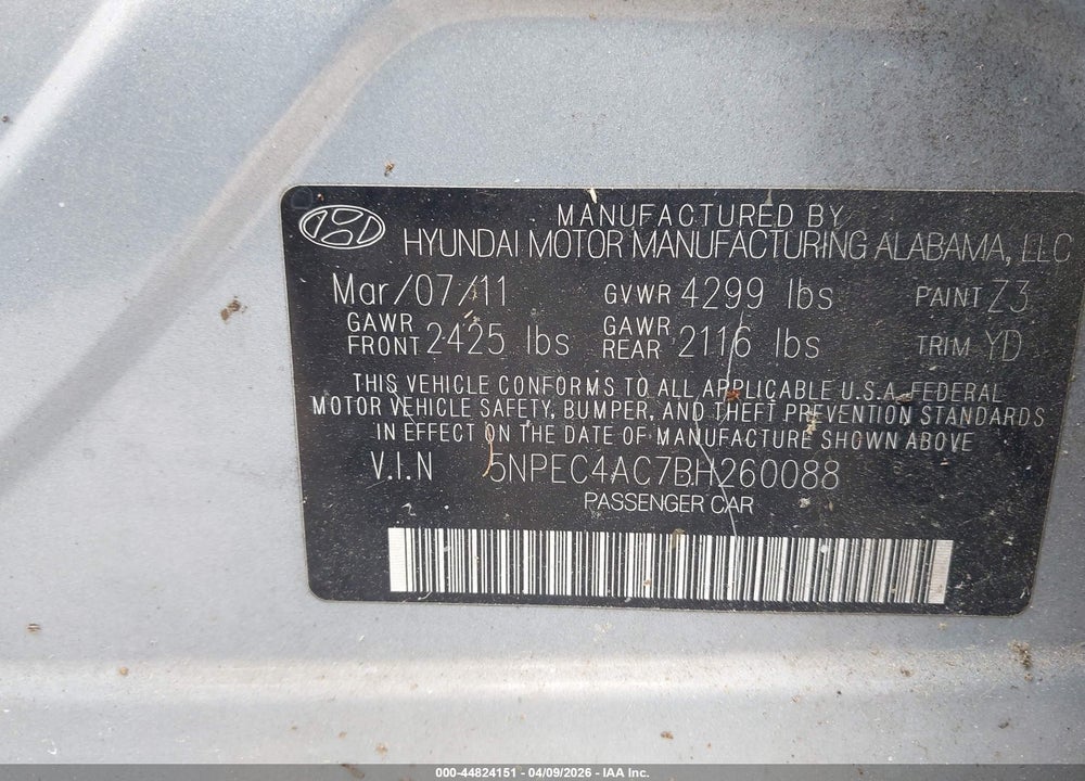 2011 HYUNDAI SONATA LTD VIN: 5NPEC4AC7BH260088