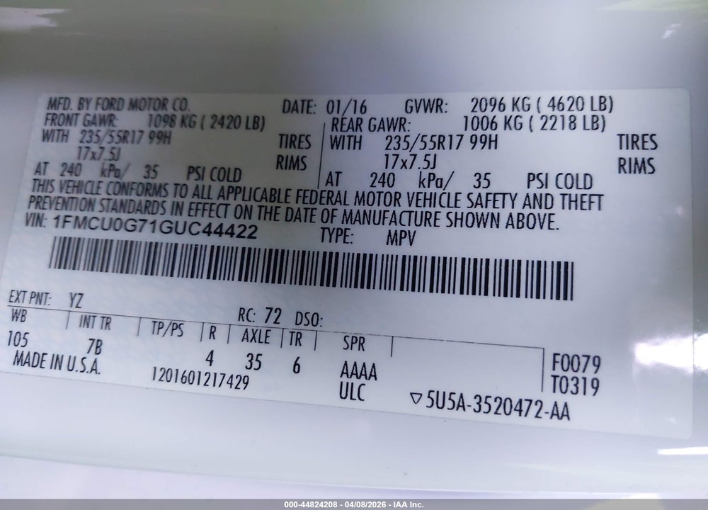 2016 FORD ESCAPE SE VIN: 1FMCU0G71GUC44422