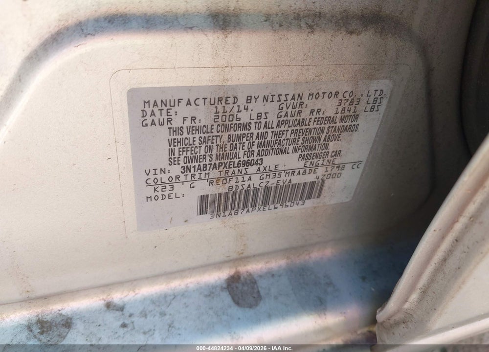 2014 NISSAN SENTRA S VIN: 3N1AB7APXEL696043