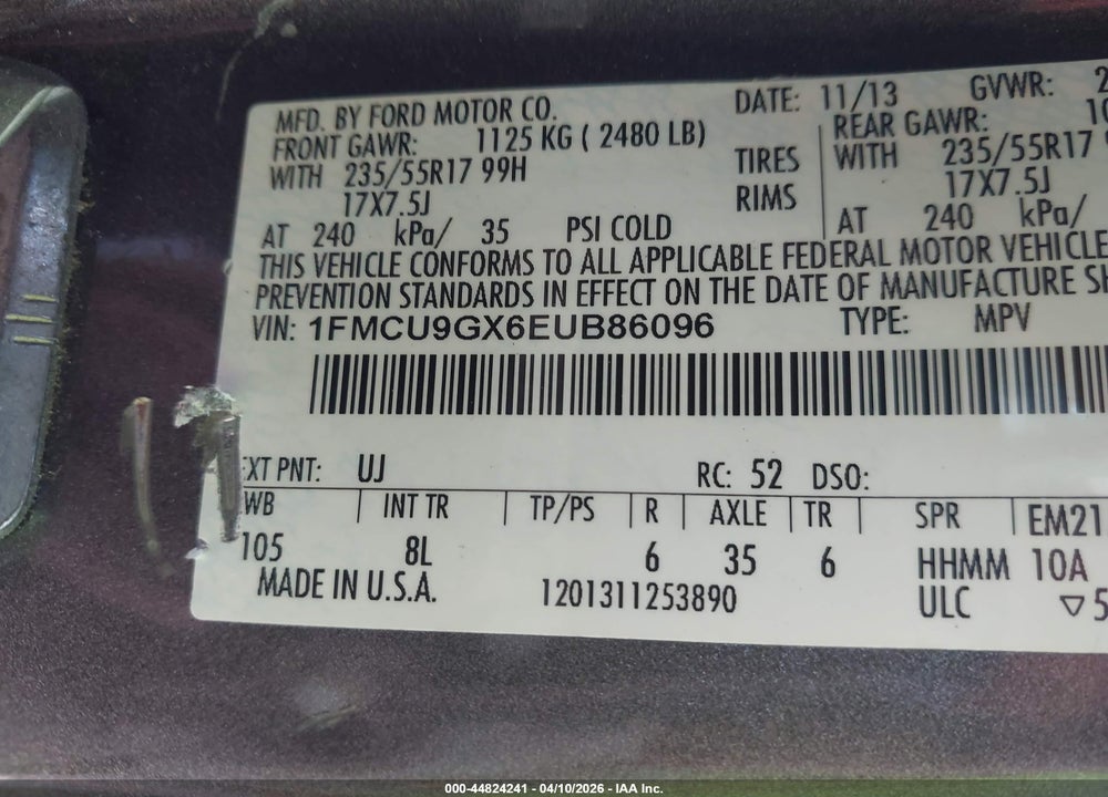 2014 FORD ESCAPE SE VIN: 1FMCU9GX6EUB86096