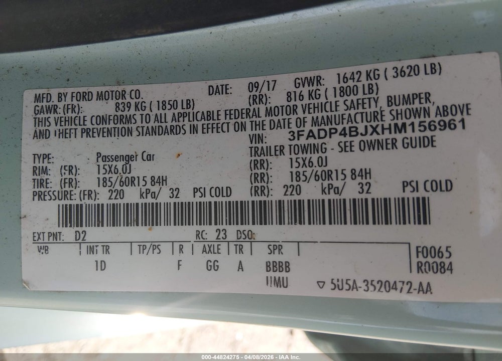 2017 FORD FIESTA SE VIN: 3FADP4BJXHM156961