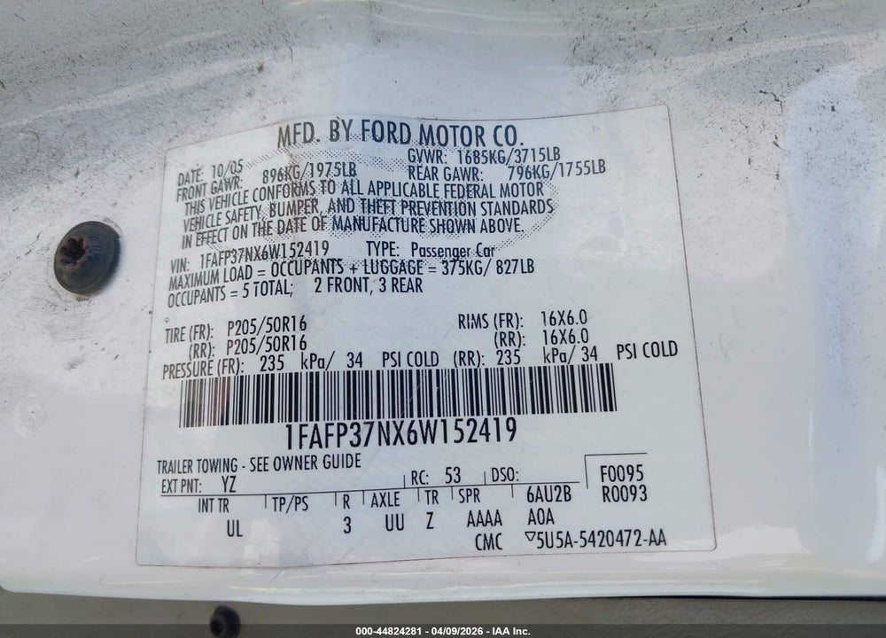 2006 FORD FOCUS ZX5 VIN: 1FAFP37NX6W152419