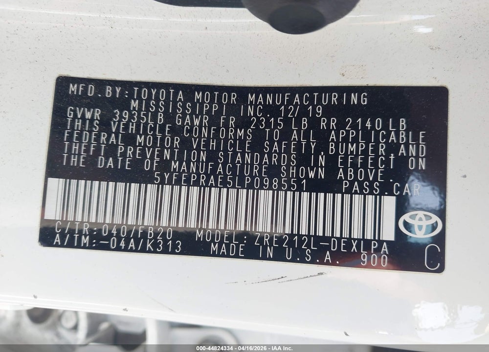 2020 TOYOTA COROLLA LE VIN: 5YFEPRAE5LP098551