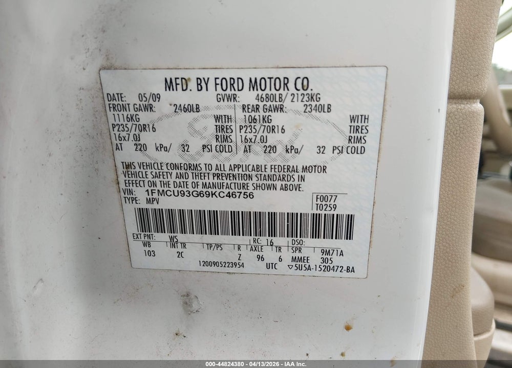 2009 FORD ESCAPE XLT VIN: 1FMCU93G69KC46756