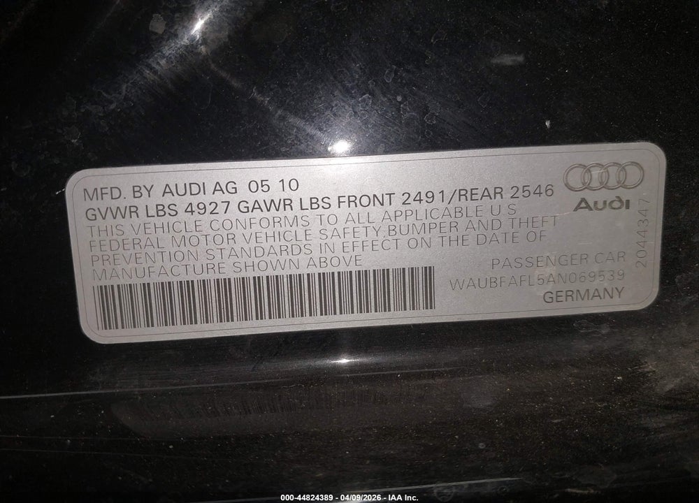 2010 AUDI A4 2.0T PREMIUM VIN: WAUBFAFL5AN069539