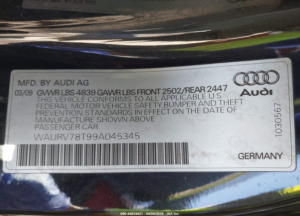 2009 AUDI S5 4.2L VIN: WAURV78T99A045345