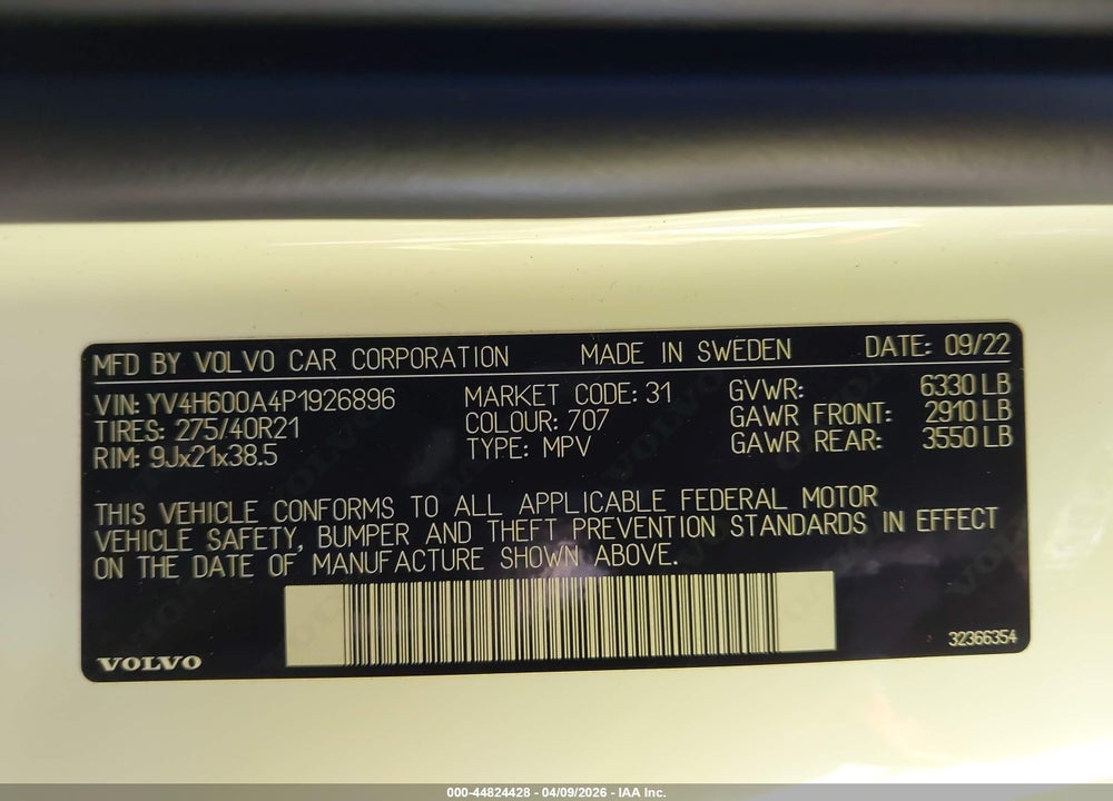 2023 VOLVO XC90 RECHARGE PLUG-IN HYBRID T8 ULTIMATE 6-SEATER VIN: YV4H600A4P1926896