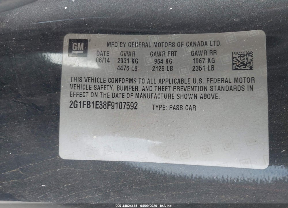 2015 CHEVROLET CAMARO 2LS VIN: 2G1FB1E38F9107592
