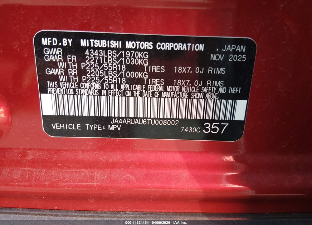 2026 MITSUBISHI OUTLANDER SPORT 2.0 ES/2.0 LE/2.0 RALLIART/2.0 S/2.0 SE/2.0 TRAIL EDITION VIN: JA4ARUAU6TU008002