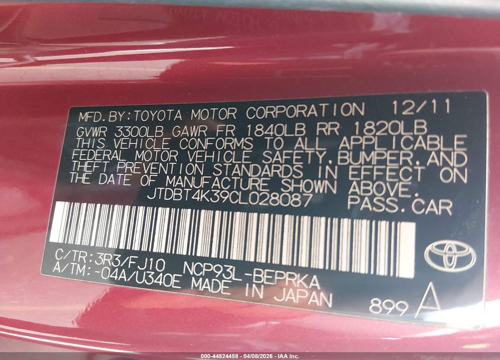 2012 TOYOTA YARIS VIN: JTDBT4K39CL028087