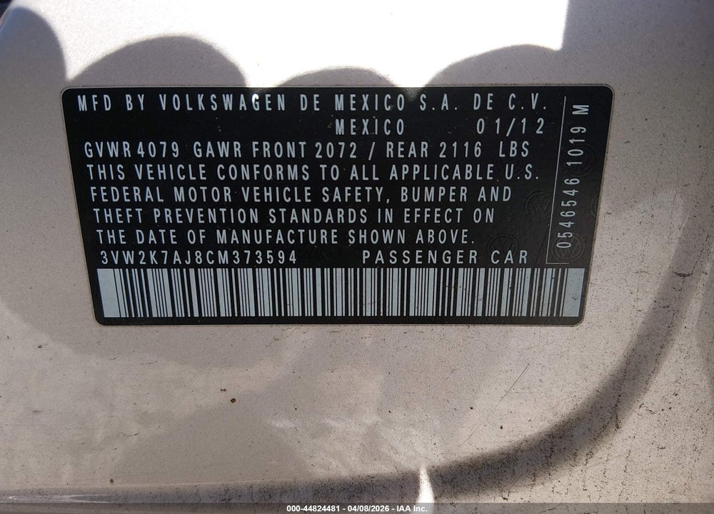 2012 VOLKSWAGEN JETTA 2.0L S VIN: 3VW2K7AJ8CM373594